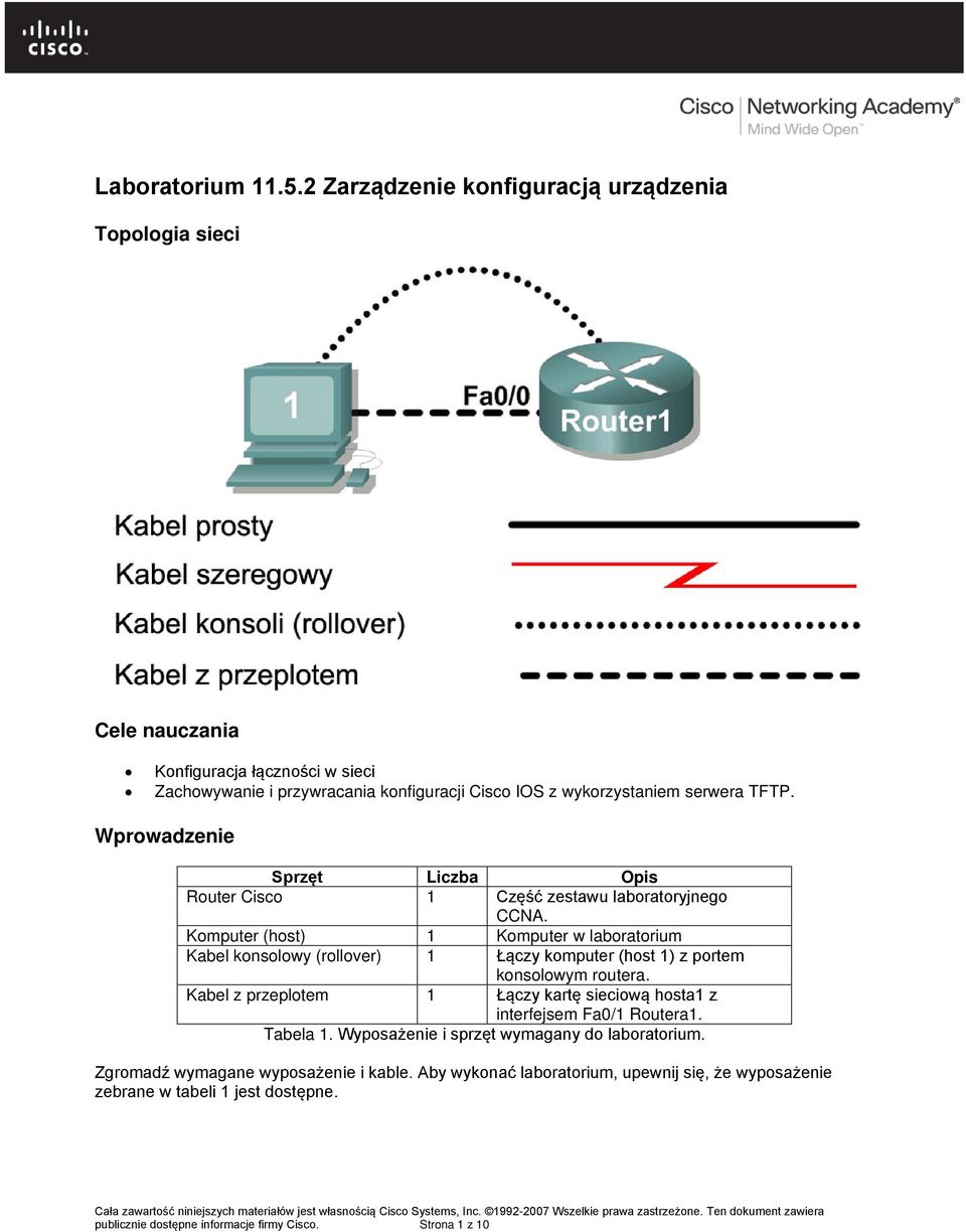 Komputer (host) 1 Komputer w laboratorium Kabel konsolowy (rollover) 1 Łączy komputer (host 1) z portem konsolowym routera.