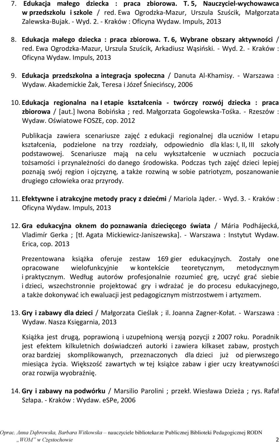 Edukacja przedszkolna a integracja społeczna / Danuta Al-Khamisy. - Warszawa : Wydaw. Akademickie Żak, Teresa i Józef Śniecińscy, 2006 10.