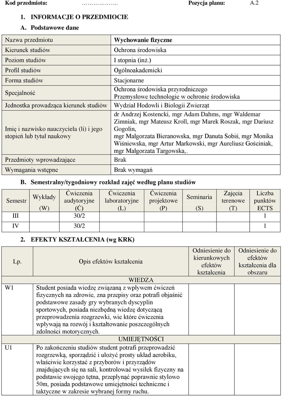 ) Ogólnoakademicki Forma studiów Stacjonarne Ochrona środowiska przyrodniczego Specjalność Przemysłowe technologie w ochronie środowiska Jednostka prowadząca kierunek studiów Wydział Hodowli i