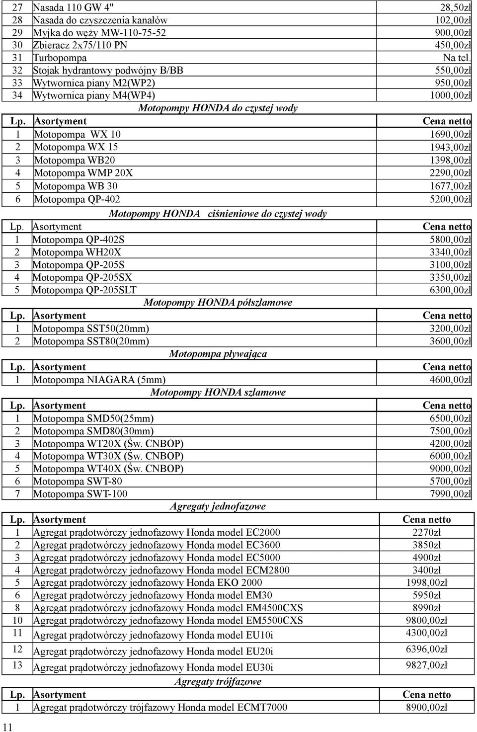 1943,00zł 3 Motopompa WB20 1398,00zł 4 Motopompa WMP 20X 2290,00zł 5 Motopompa WB 30 1677,00zł 6 Motopompa QP-402 5200,00żł Motopompy HONDA ciśnieniowe do czystej wody 1 Motopompa QP-402S 5800,00zł 2