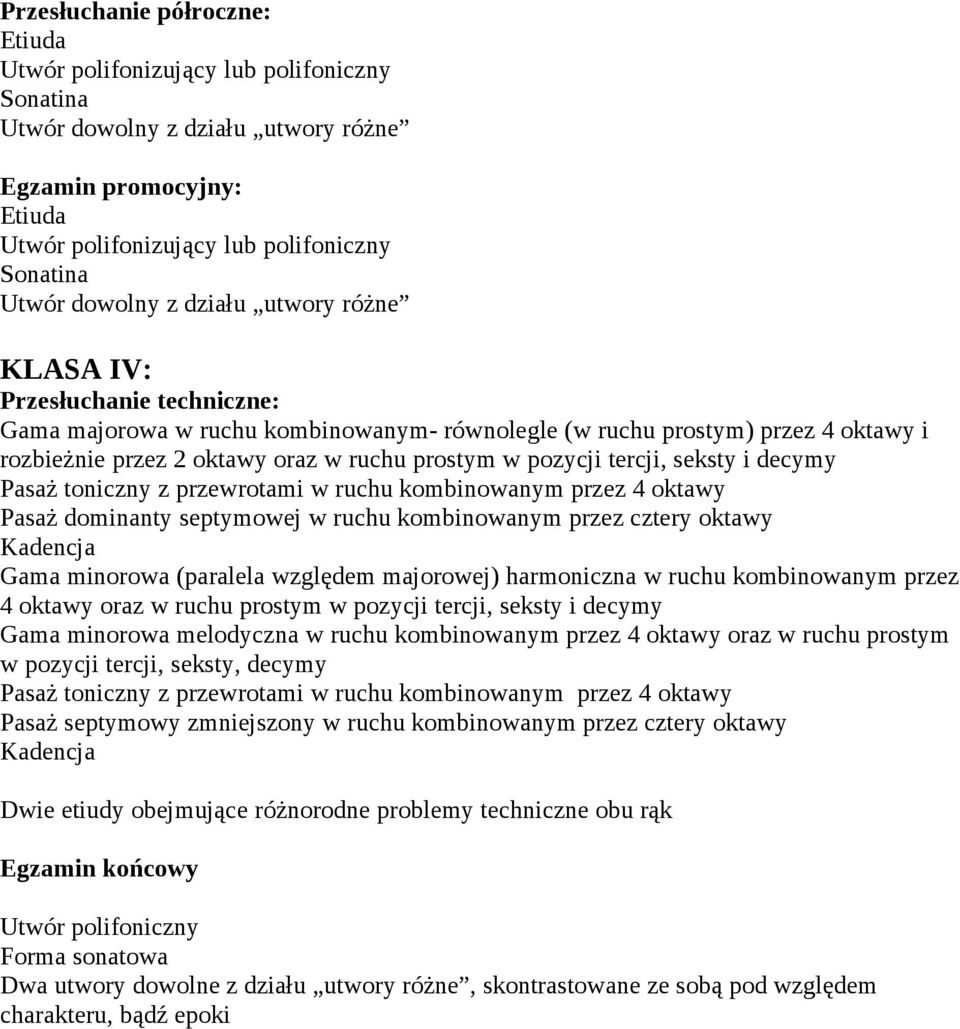 seksty i decymy Gama minorowa melodyczna w ruchu kombinowanym przez 4 oktawy oraz w ruchu prostym w pozycji tercji, seksty, decymy Pasaż septymowy zmniejszony w ruchu kombinowanym przez cztery oktawy