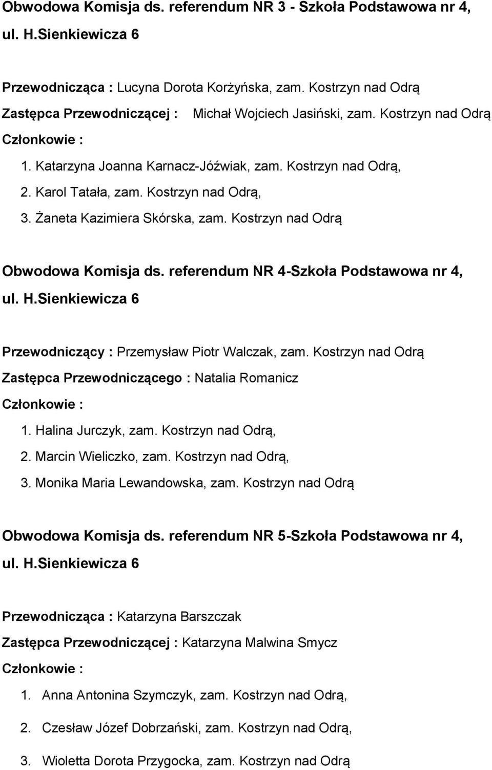 referendum NR 4-Szkoła Podstawowa nr 4, Przewodniczący : Przemysław Piotr Walczak, zam. Kostrzyn nad Odrą Zastępca Przewodniczącego : Natalia Romanicz 1. Halina Jurczyk, zam. Kostrzyn nad Odrą, 2.