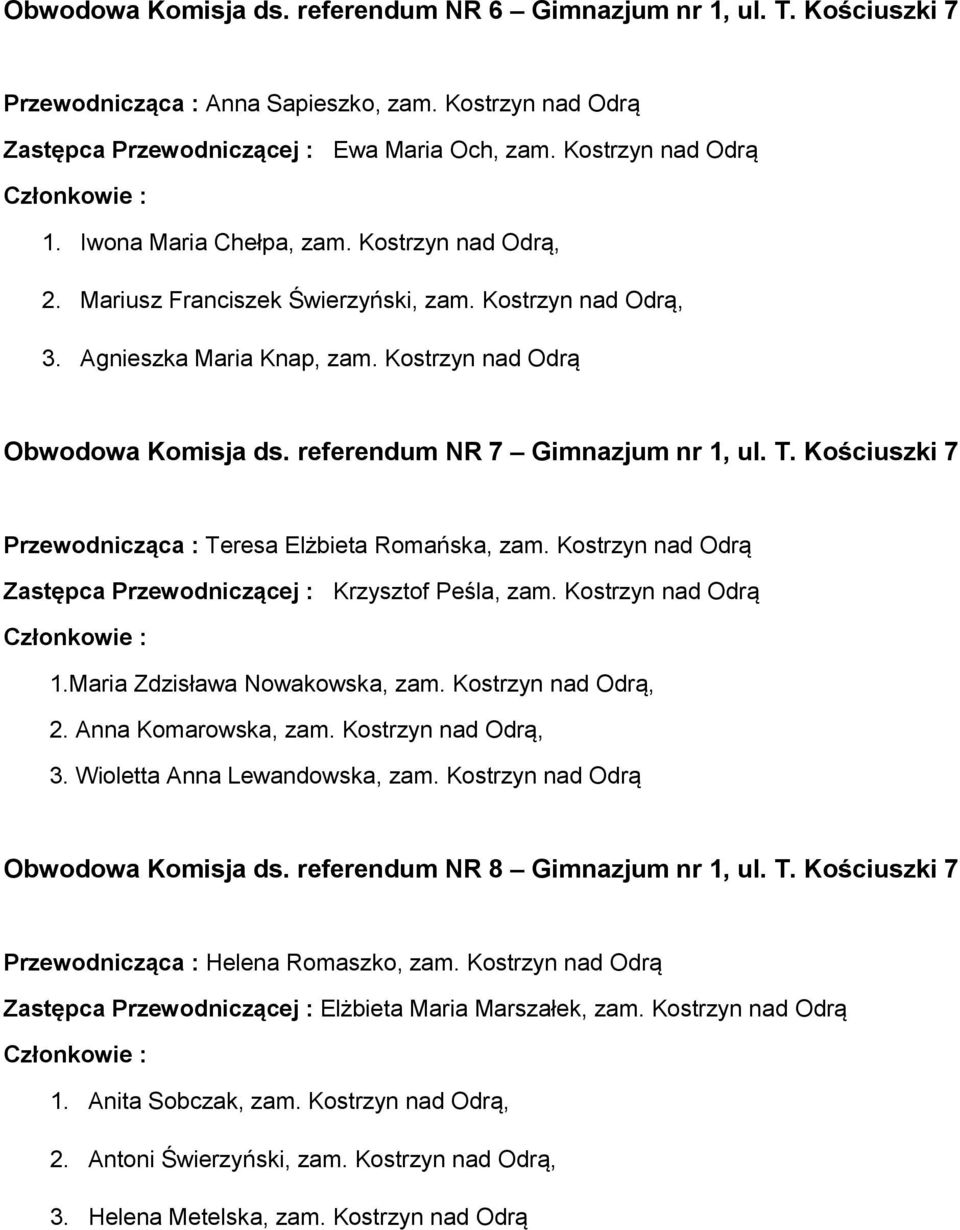 referendum NR 7 Gimnazjum nr 1, ul. T. Kościuszki 7 Przewodnicząca : Teresa Elżbieta Romańska, zam. Kostrzyn nad Odrą Zastępca Przewodniczącej : Krzysztof Peśla, zam. Kostrzyn nad Odrą 1.