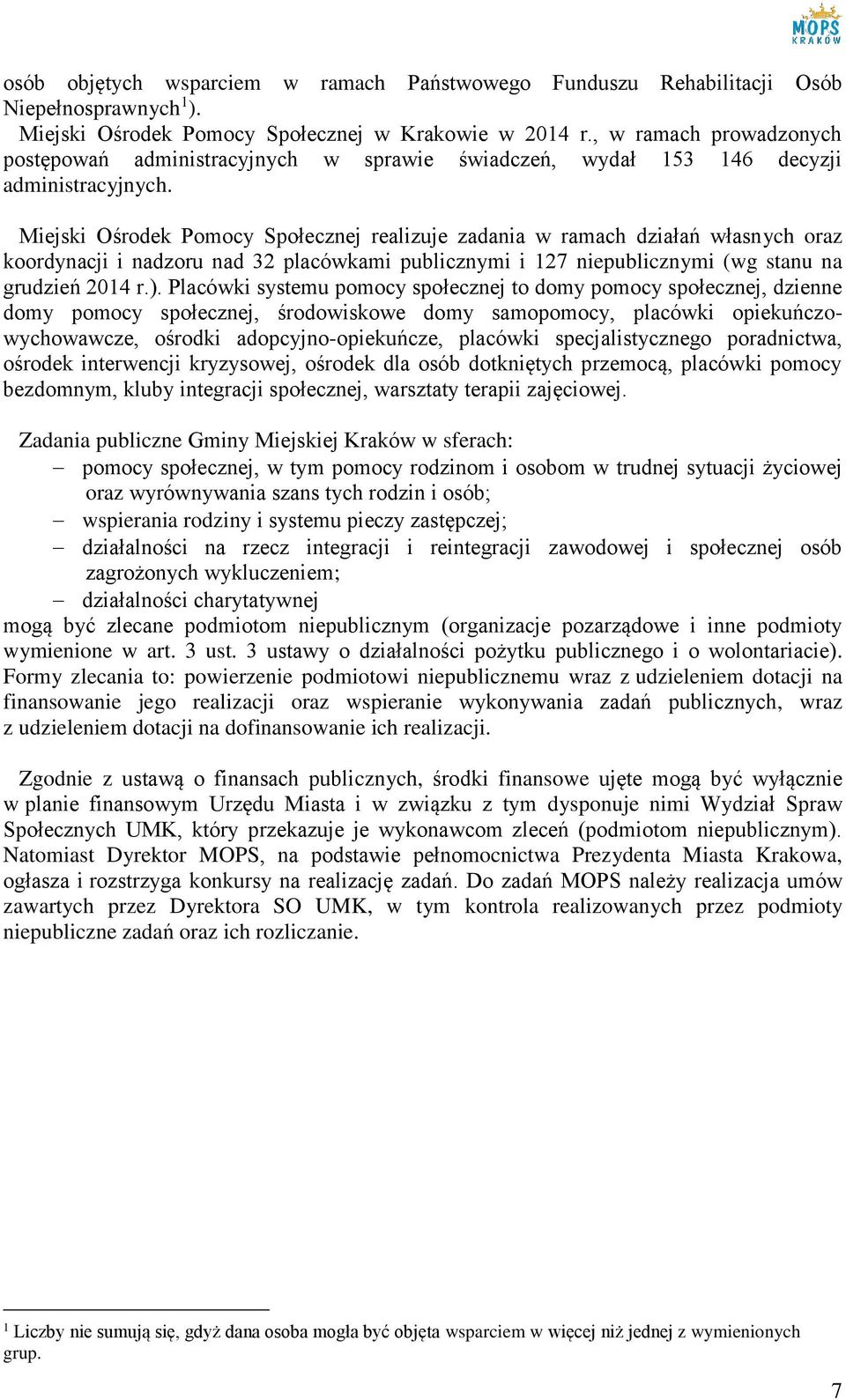 Miejski Ośrodek Pomocy Społecznej realizuje zadania w ramach działań własnych oraz koordynacji i nadzoru nad 32 placówkami publicznymi i 127 niepublicznymi (wg stanu na grudzień 2014 r.).