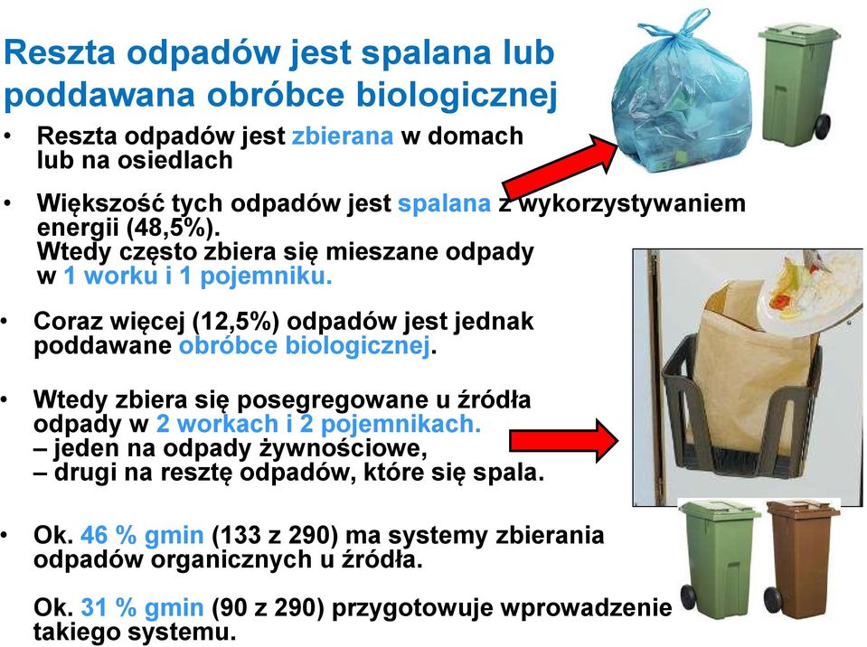 Coraz więcej (12,5%) odpadów jest jednak poddawane obróbce biologicznej. Wtedy zbiera się posegregowane u źródła odpady w 2 workach i 2 pojemnikach.