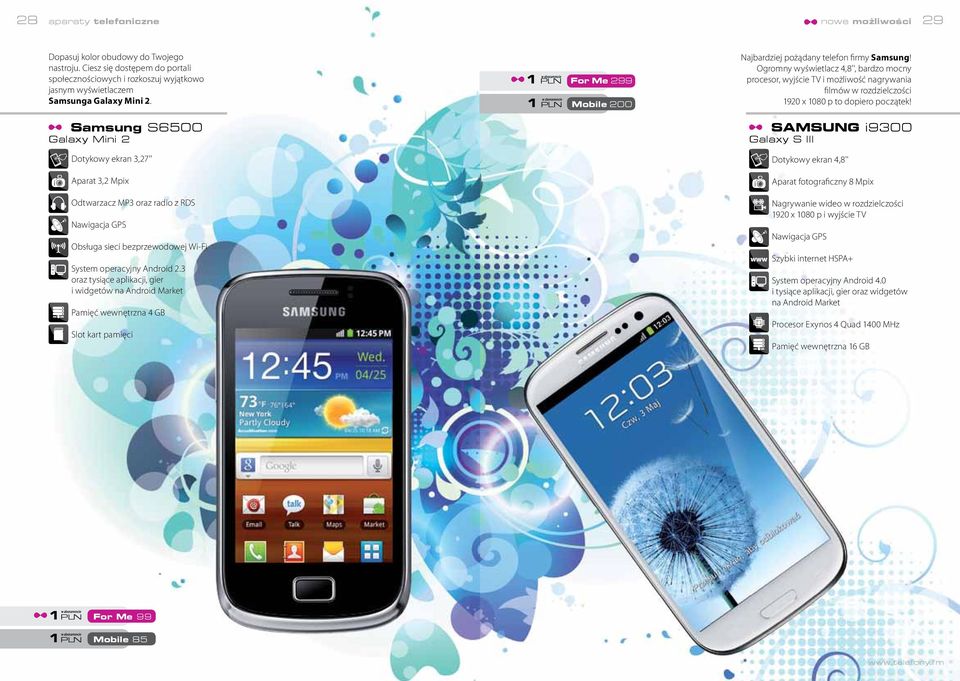 3 oraz tysiące aplikacji, gier i widgetów na Android Market Pamięć wewnętrzna 4 GB Slot kart pamięci 1 PLN For Me 299 1 PLN 200 Najbardziej pożądany telefon firmy Samsung!