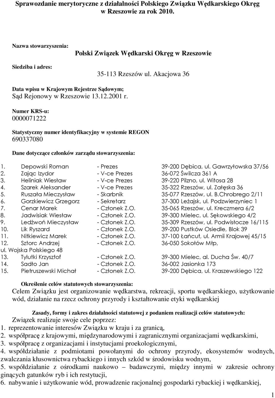 Numer KRS-u: 0000071222 Statystyczny numer identyfikacyjny w systemie REGON 690337080 Dane dotyczące członków zarządu stowarzyszenia: 1. Depowski Roman - Prezes 39-200 Dębica, ul.