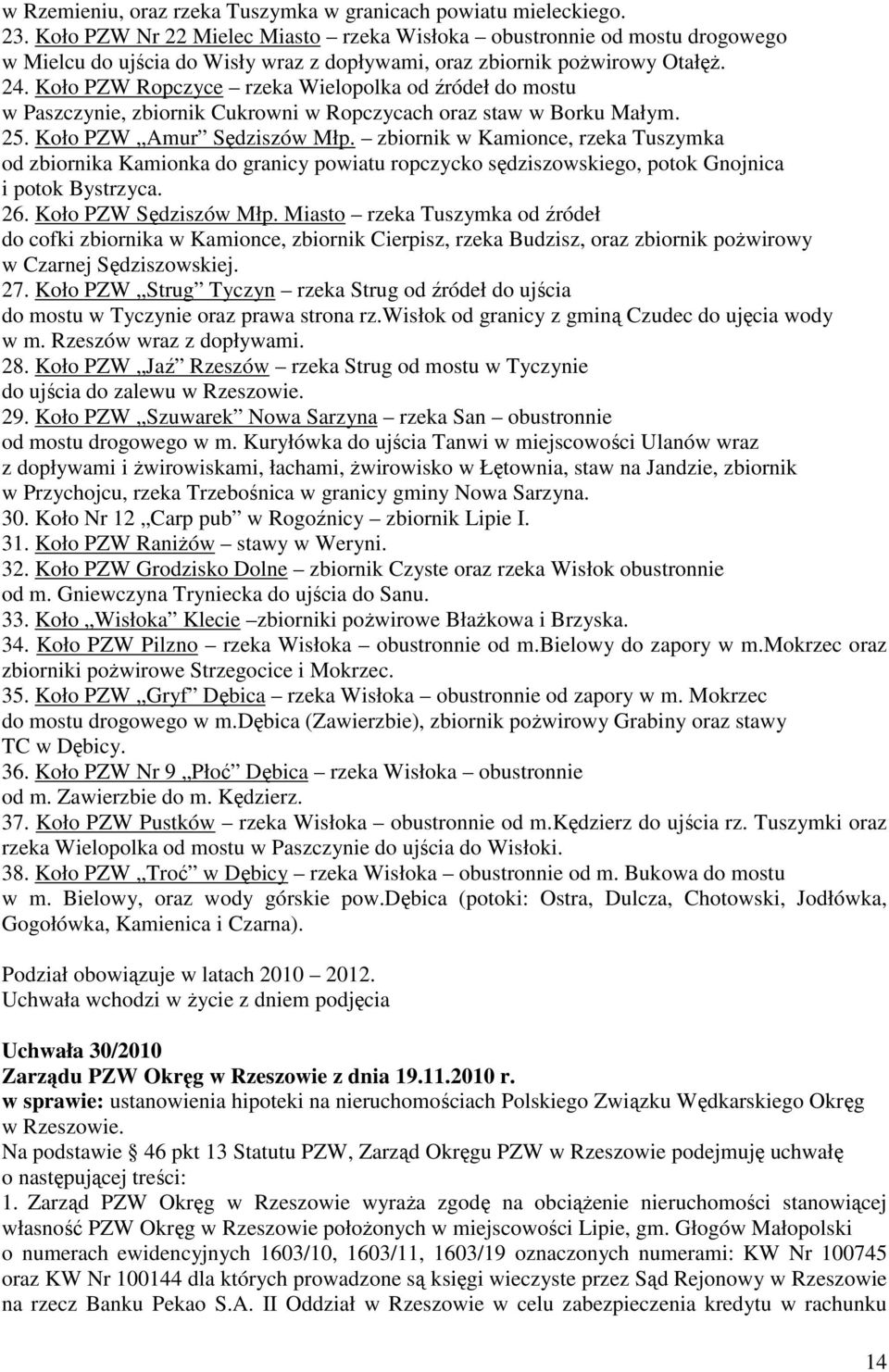 Koło PZW Ropczyce rzeka Wielopolka od źródeł do mostu w Paszczynie, zbiornik Cukrowni w Ropczycach oraz staw w Borku Małym. 25. Koło PZW Amur Sędziszów Młp.