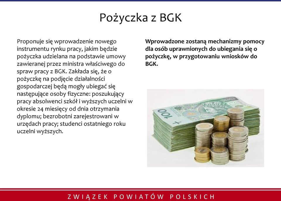 Zakłada się, że o pożyczkę na podjęcie działalności gospodarczej będą mogły ubiegać się następujące osoby fizyczne: poszukujący pracy absolwenci szkół i