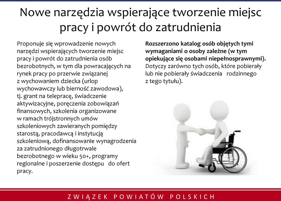 grant na telepracę, świadczenie aktywizacyjne, poręczenia zobowiązań finansowych, szkolenia organizowane w ramach trójstronnych umów szkoleniowych zawieranych pomiędzy starostą, pracodawcą i