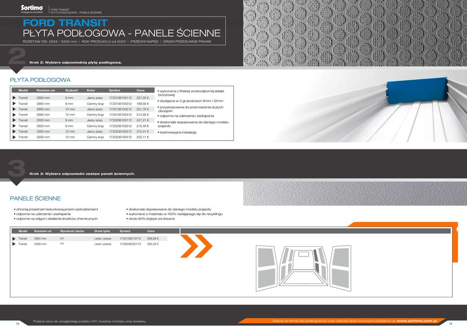 PŁYTA PODŁOGOWA Model Rozstaw osi Grubość Kolor Symbol Cena Transit 2993 mm 9 mm Jasny szary 1720106100112 227,20 Transit 2993 mm 9 mm Ciemny brąz 1720106100312 199,58 Transit 2993 mm 12 mm Jasny