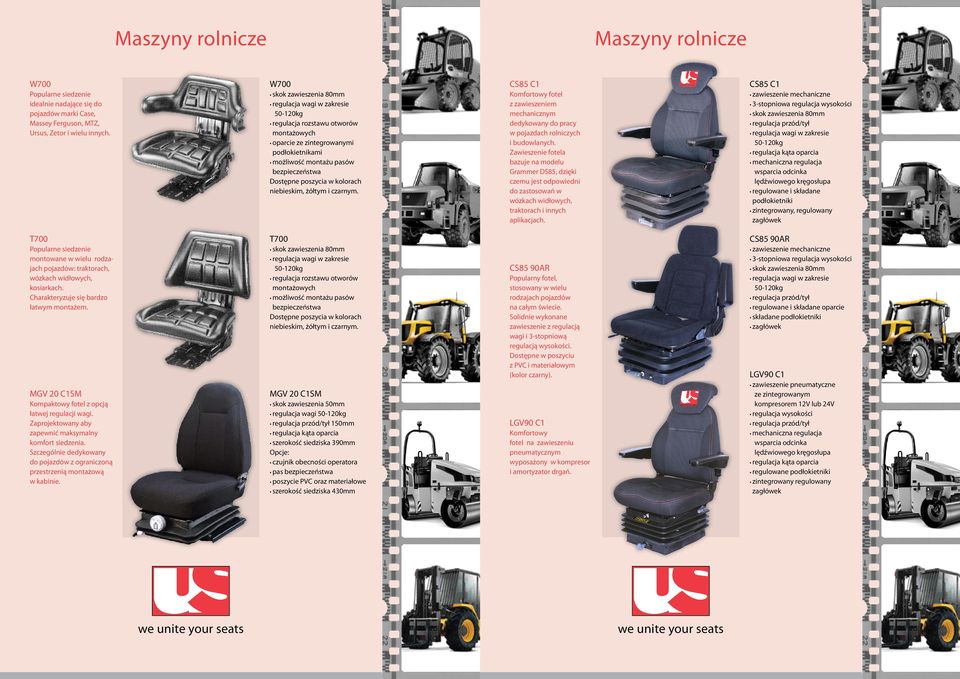 fotela bazuje na modelu Grammer DS85, dzięki czemu jest odpowiedni do zastosowań w wózkach widłowych, traktorach i innych aplikacjach.