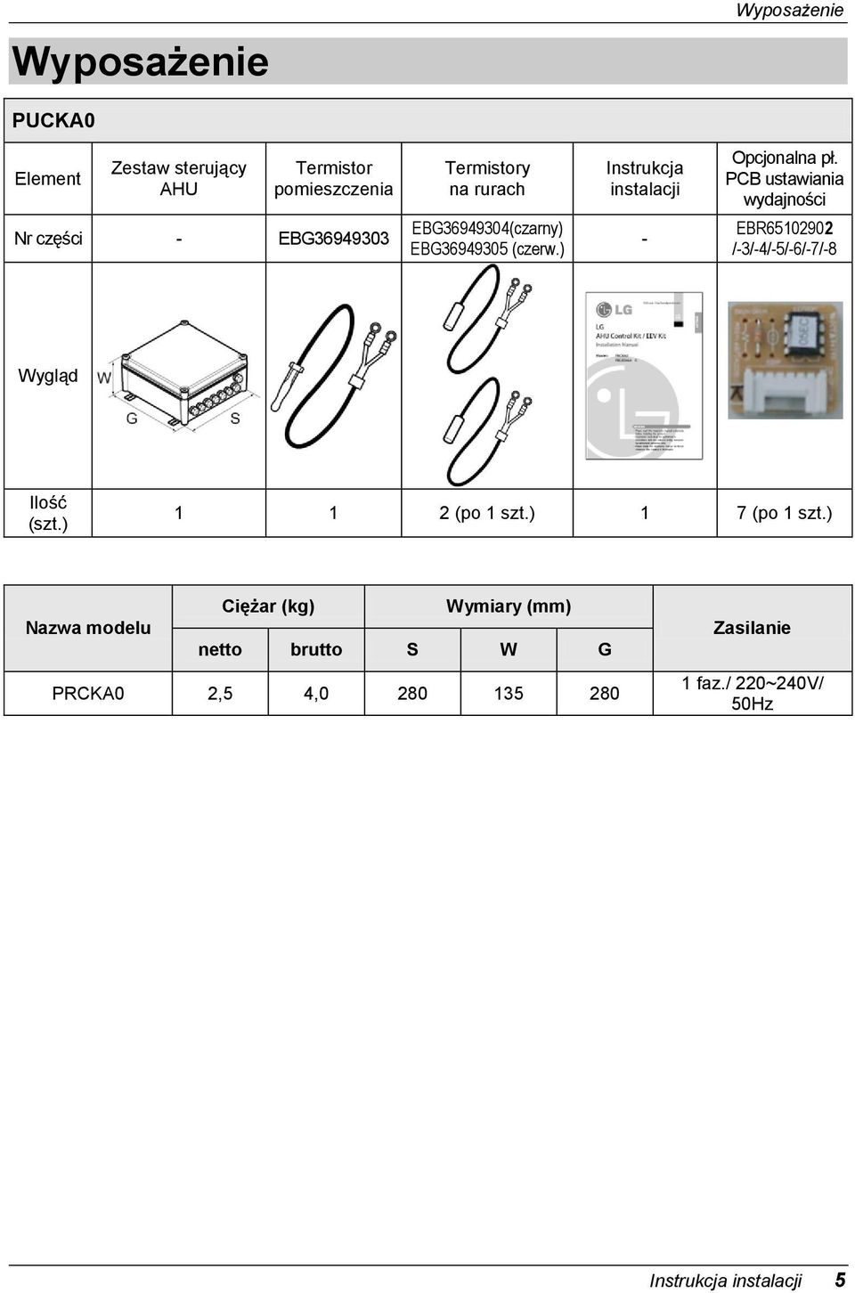 PCB ustawiania wydajności EBR65102902 /-3/-4/-5/-6/-7/-8 Wygląd Ilość (szt.) 1 1 2 (po 1 szt.) 1 7 (po 1 szt.