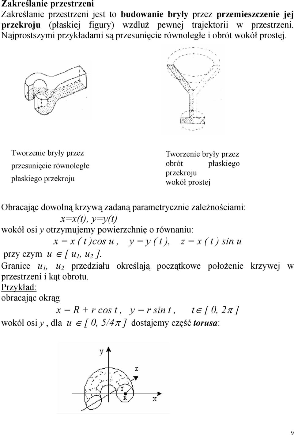 Tworzenie bryły przez przesunięcie równoległe płaskiego przekroju Tworzenie bryły przez obrót płaskiego przekroju wokół prostej Obracając dowolną krzywą zadaną parametrycznie zależnościami: x=x(t),