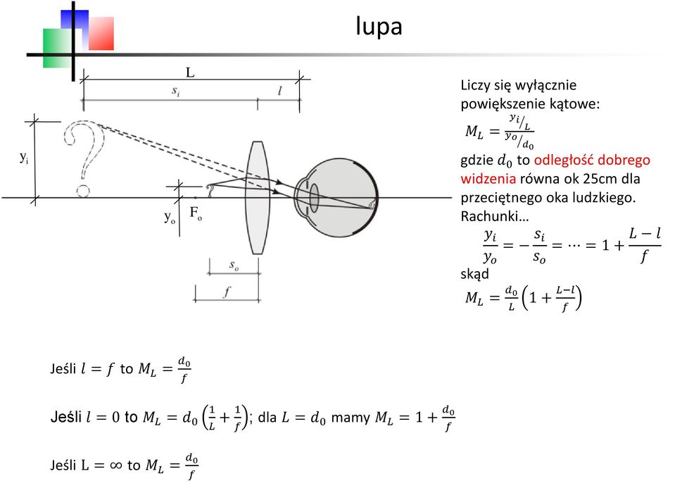 Rachunki y i = s i = = 1 + y o s o skąd M L = d 0 1 + L l L f L l f Jeśli l = f to M L =