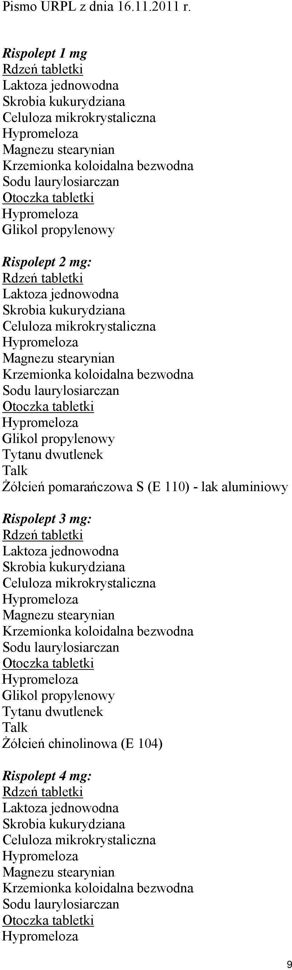 Glikol propylenowy Tytanu dwutlenek Talk Żółcień pomarańczowa S (E 110) - lak aluminiowy Rispolept 3 mg: Rdzeń tabletki Laktoza jednowodna Skrobia kukurydziana Celuloza mikrokrystaliczna Magnezu