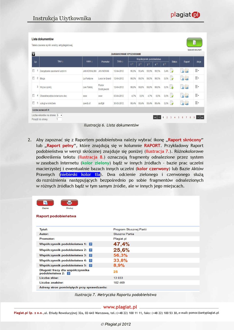 ) oznaczają fragmenty odnalezione przez system w zasobach Internetu (kolor zielony) bądź w innych źródłach bazie prac uczelni macierzystej i ewentualnie bazach innych uczelni (kolor czerwony)