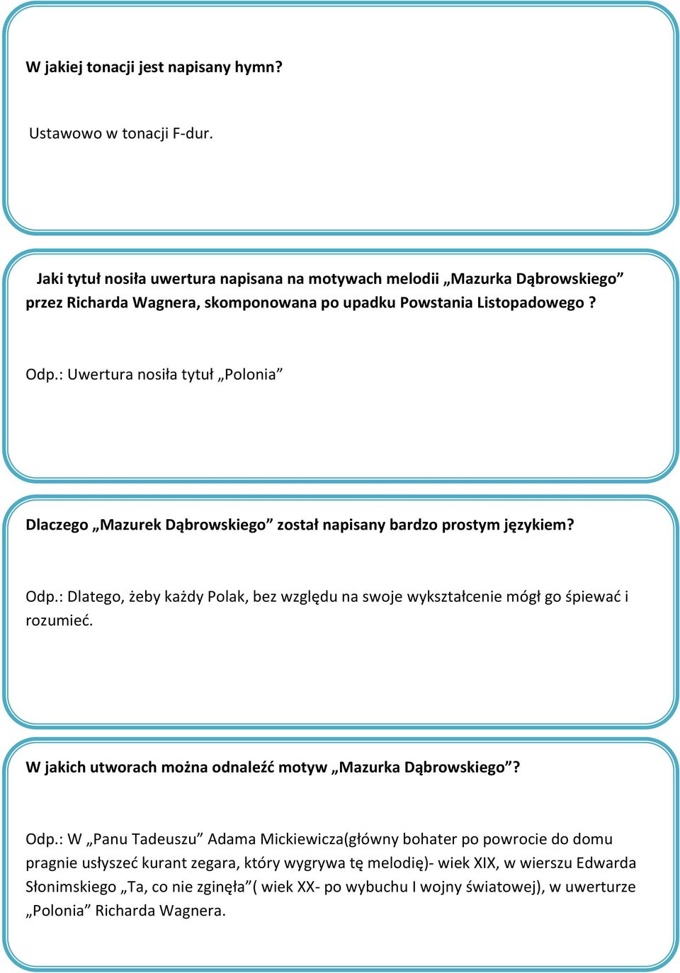: Uwertura nosiła tytuł Polonia Dlaczego Mazurek Dąbrowskiego został napisany bardzo prostym językiem? Odp.