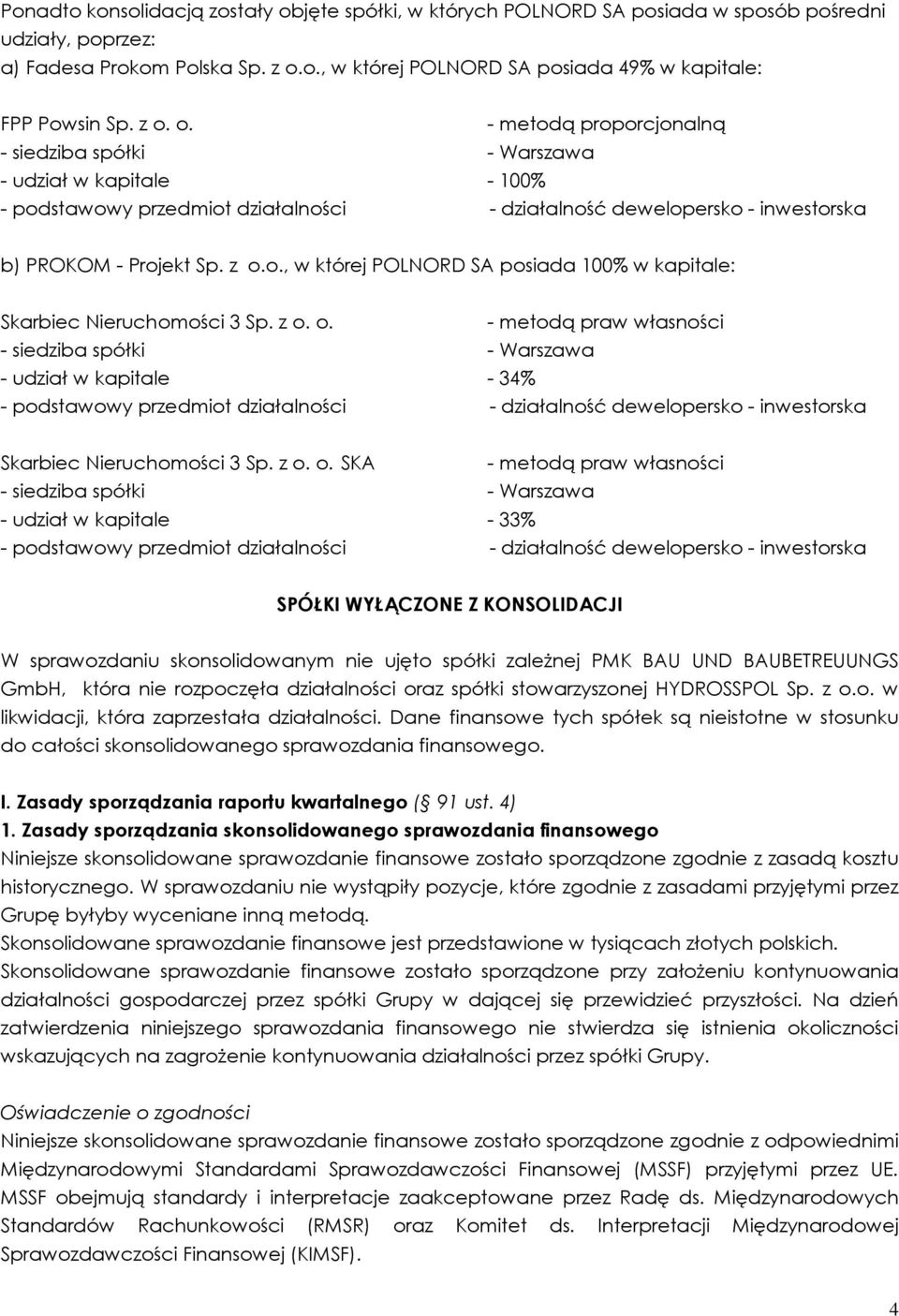 z o. o. - metodą praw własności - siedziba spółki - Warszawa - udział w kapitale - 34% - podstawowy przedmiot działalności - działalność dewelopersko - inwestorska Skarbiec Nieruchomości 3 Sp. z o.