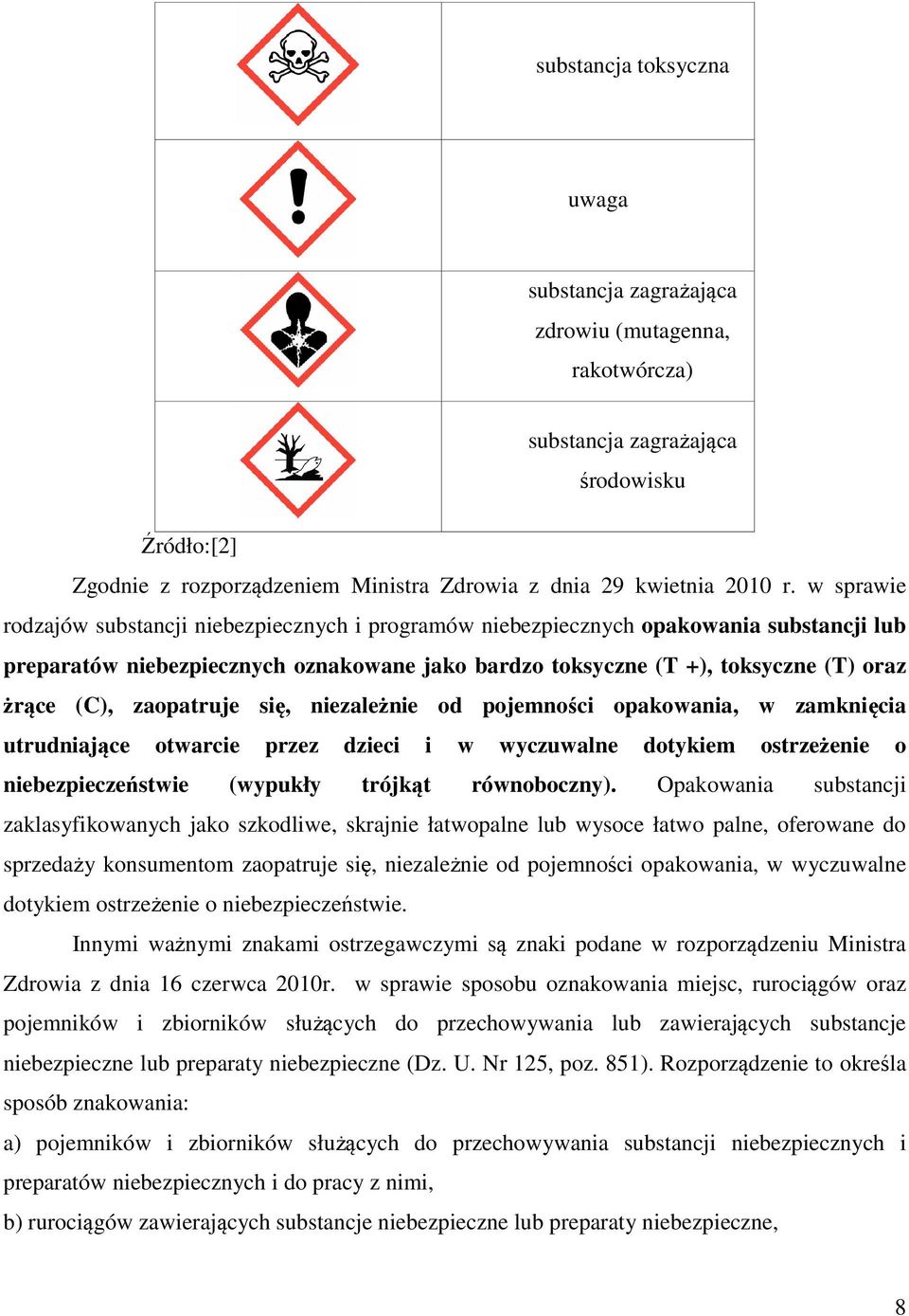 zaopatruje się, niezależnie od pojemności opakowania, w zamknięcia utrudniające otwarcie przez dzieci i w wyczuwalne dotykiem ostrzeżenie o niebezpieczeństwie (wypukły trójkąt równoboczny).