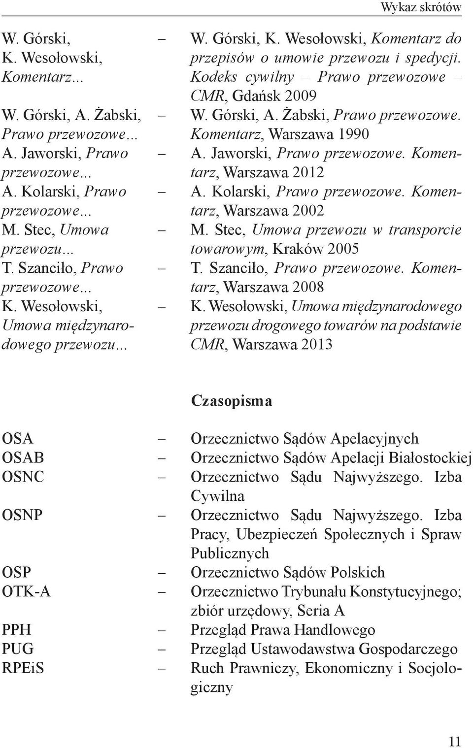 Kodeks cywilny Prawo przewozowe CMR, Gdańsk 2009 W. Górski, A. Żabski, Prawo przewozowe. Komentarz, Warszawa 1990 A. Jaworski, Prawo przewozowe. Komentarz, Warszawa 2012 A. Kolarski, Prawo przewozowe.