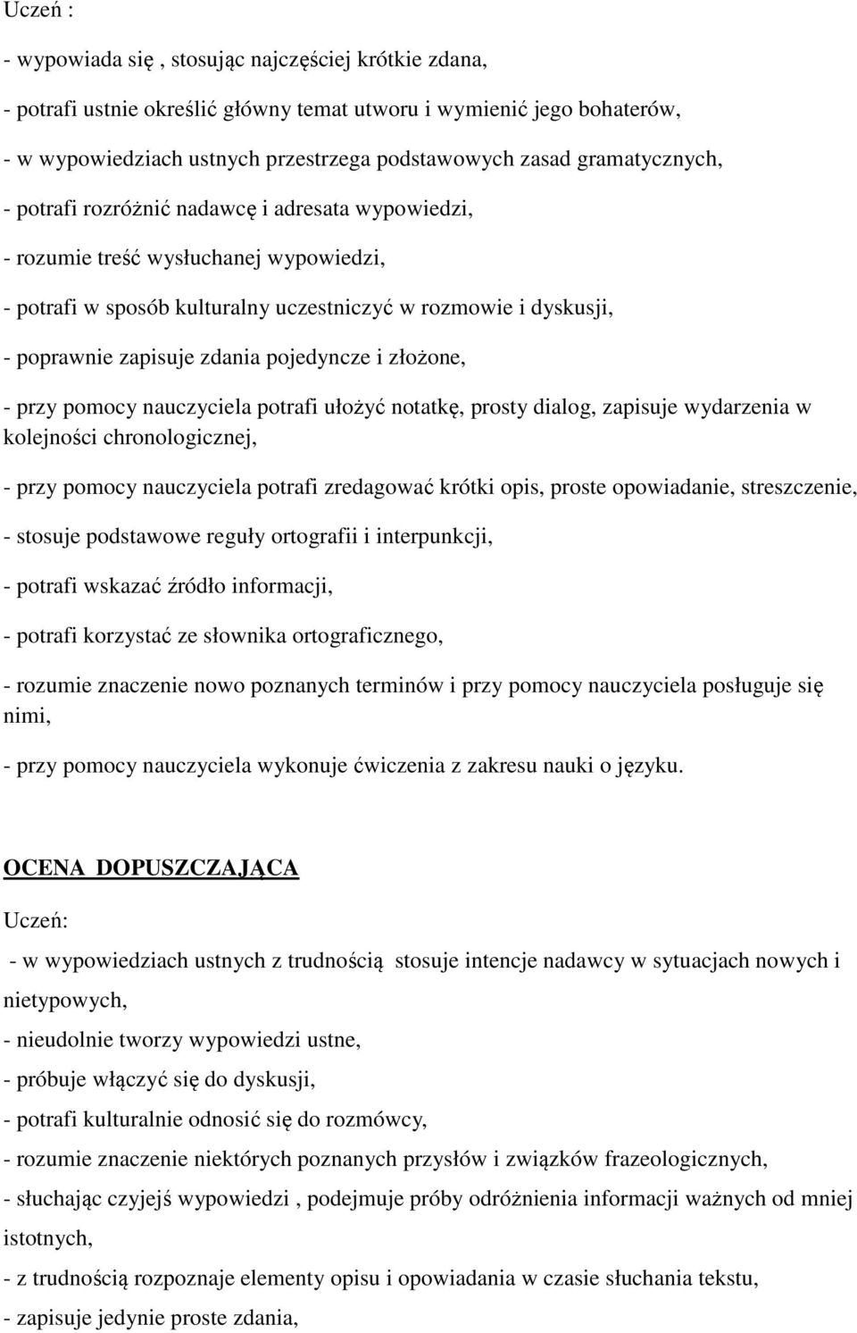 pojedyncze i złożone, - przy pomocy nauczyciela potrafi ułożyć notatkę, prosty dialog, zapisuje wydarzenia w kolejności chronologicznej, - przy pomocy nauczyciela potrafi zredagować krótki opis,