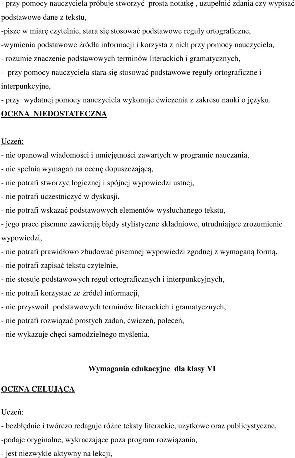 podstawowe reguły ortograficzne i interpunkcyjne, - przy wydatnej pomocy nauczyciela wykonuje ćwiczenia z zakresu nauki o języku.