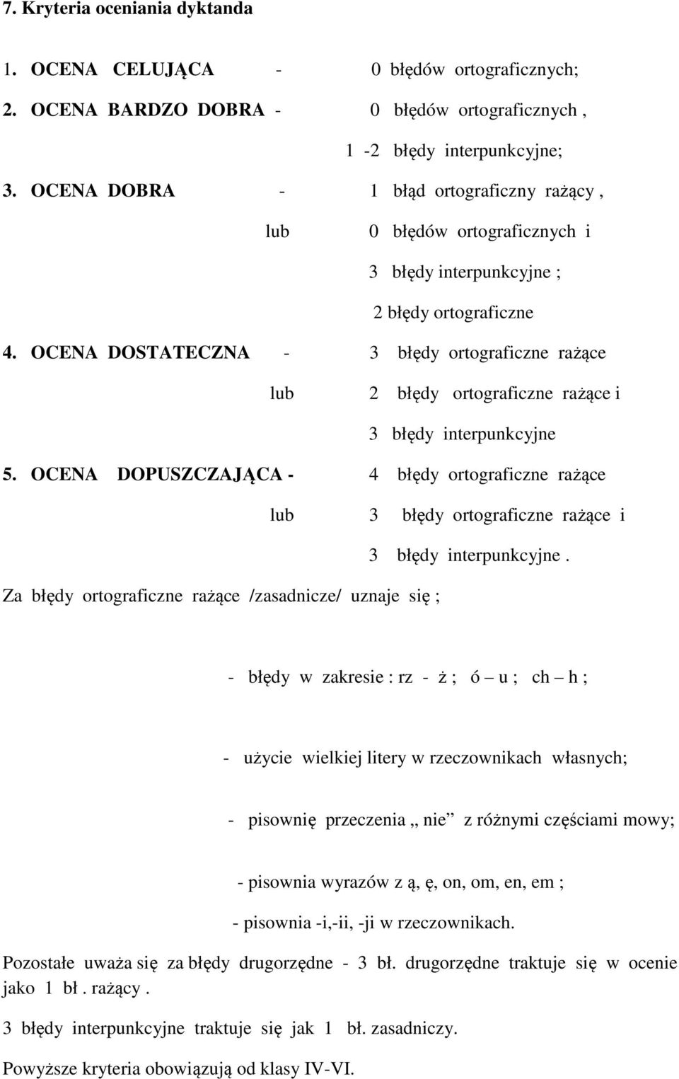 OCENA DOSTATECZNA - 3 błędy ortograficzne rażące lub 2 błędy ortograficzne rażące i 3 błędy interpunkcyjne 5.