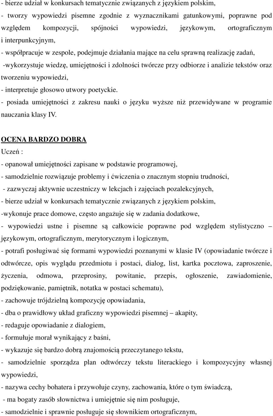 odbiorze i analizie tekstów oraz tworzeniu wypowiedzi, - interpretuje głosowo utwory poetyckie. - posiada umiejętności z zakresu nauki o języku wyższe niż przewidywane w programie nauczania klasy IV.