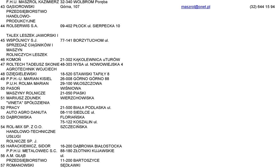 SPRZEDAŻ CIĄGNIKÓW I MASZYN ROLNICZYCH LESZEK 46 KOMOŃ 21-302 KĄKOLEWNICA uturów 47 ROLTECH TADEUSZ SKONIECZNY 48-303 NYSA ul.