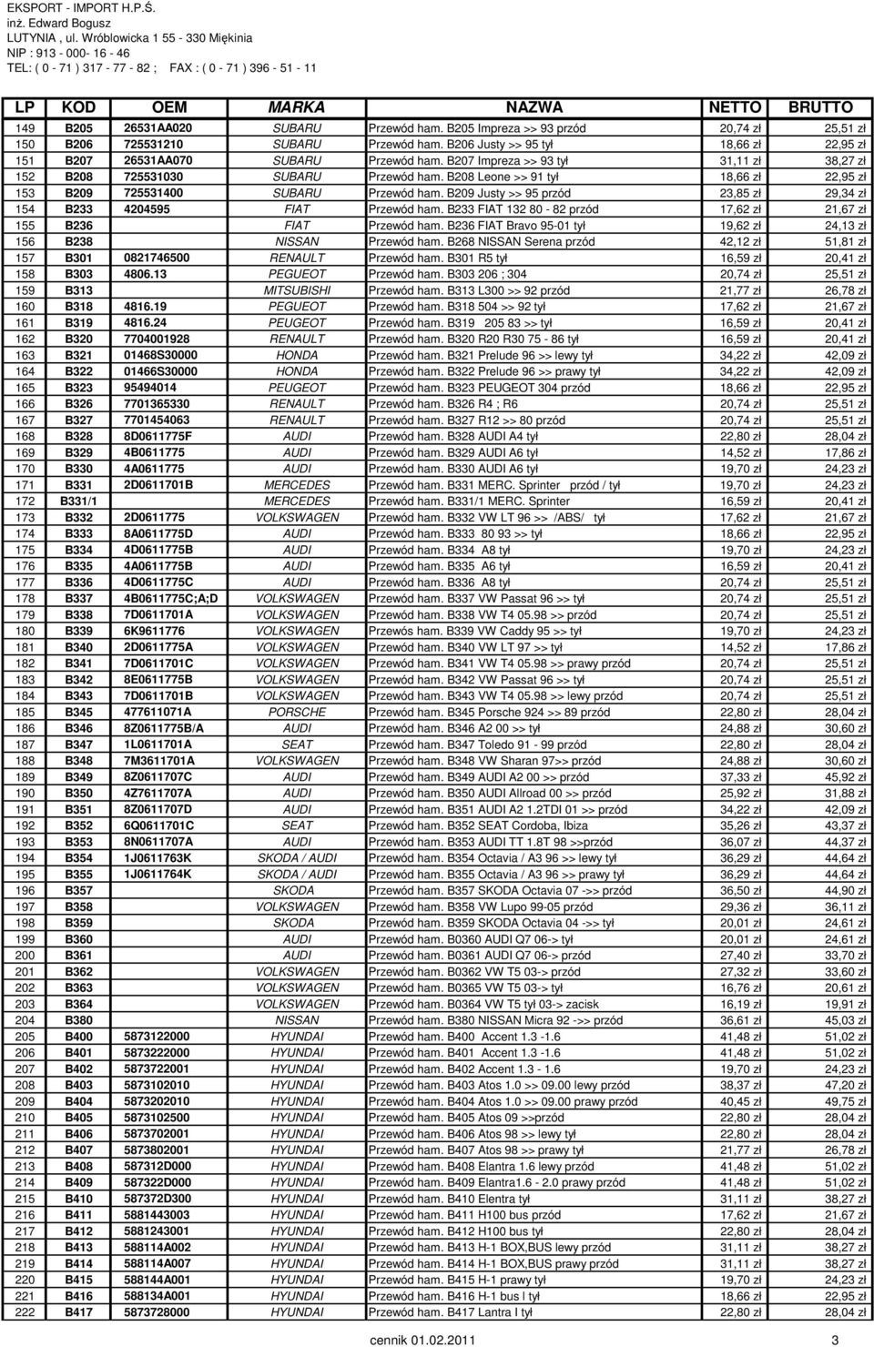 B209 Justy >> 95 przód 23,85 zł 29,34 zł 154 B233 4204595 FIAT Przewód ham. B233 FIAT 132 80-82 przód 17,62 zł 21,67 zł 155 B236 FIAT Przewód ham.