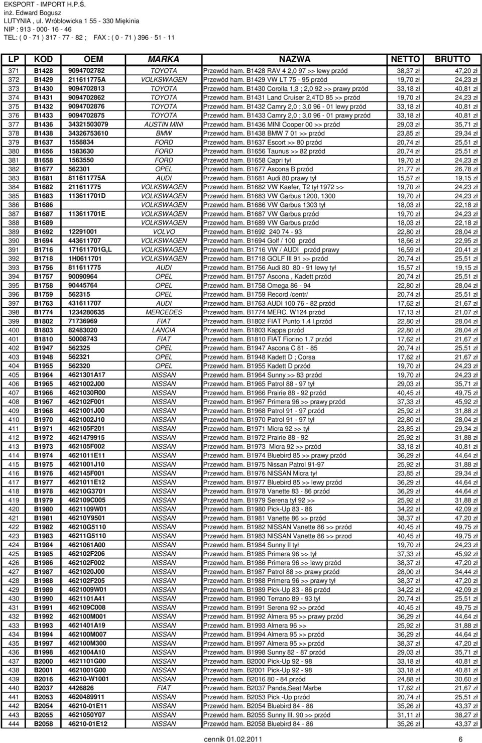 B1431 Land Cruiser 2,4TD 85 >> przód 19,70 zł 24,23 zł 375 B1432 9094702876 TOYOTA Przewód ham. B1432 Camry 2,0 ; 3,0 96-01 lewy przód 33,18 zł 40,81 zł 376 B1433 9094702875 TOYOTA Przewód ham.