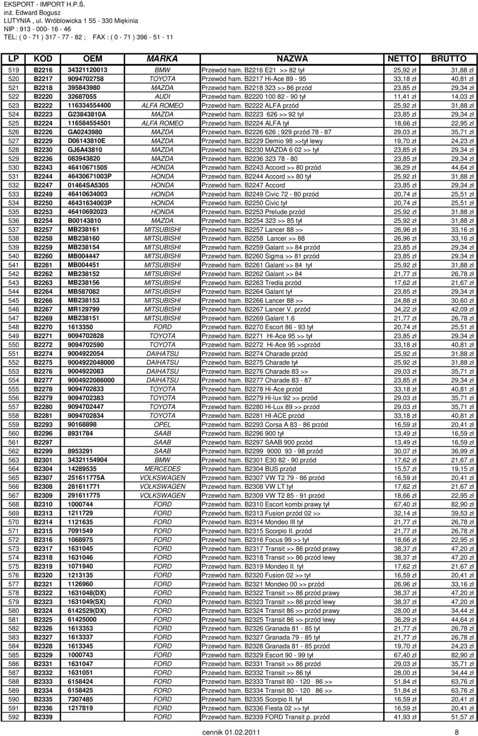 B2222 ALFA przód 25,92 zł 31,88 zł 524 B2223 G23843810A MAZDA Przewód ham. B2223 626 >> 92 tył 23,85 zł 29,34 zł 525 B2224 116584554501 ALFA ROMEO Przewód ham.