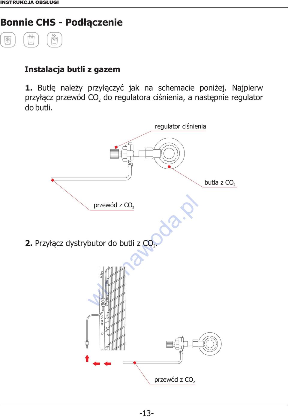 Najpierw przyłącz przewód CO2 do regulatora ciśnienia, a następnie