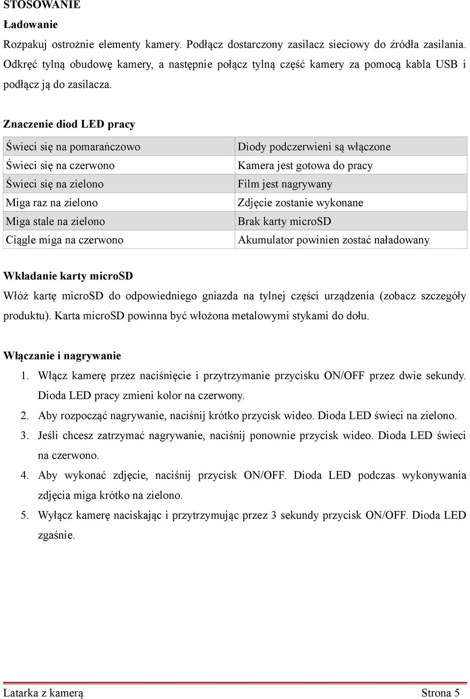 Znaczenie diod LED pracy Świeci się na pomarańczowo Świeci się na czerwono Świeci się na zielono Miga raz na zielono Miga stale na zielono Ciągle miga na czerwono Diody podczerwieni są włączone