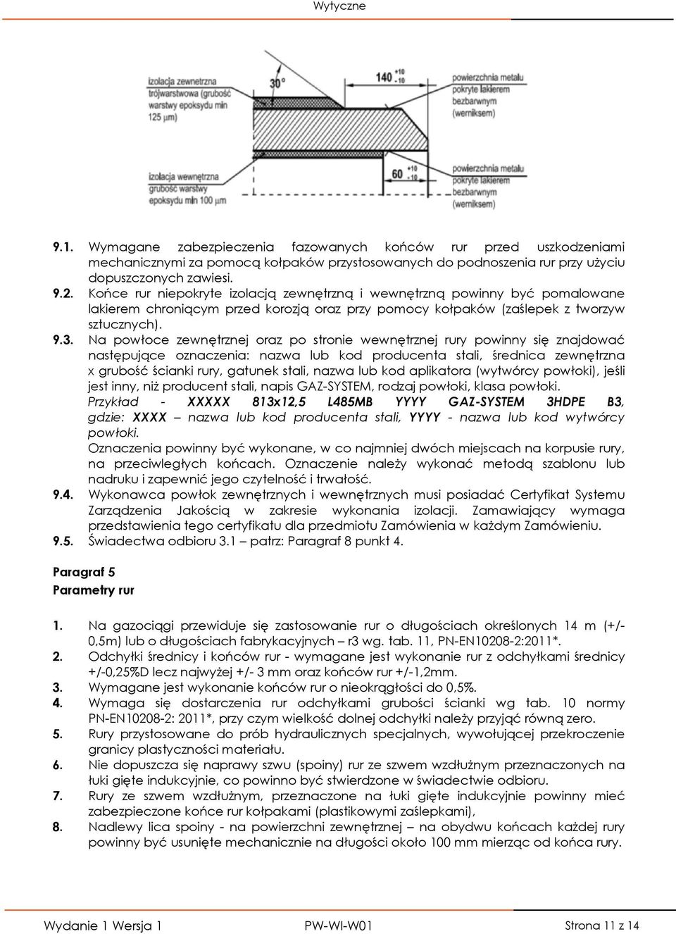 Na powłoce zewnętrznej oraz po stronie wewnętrznej rury powinny się znajdować następujące oznaczenia: nazwa lub kod producenta stali, średnica zewnętrzna x grubość ścianki rury, gatunek stali, nazwa