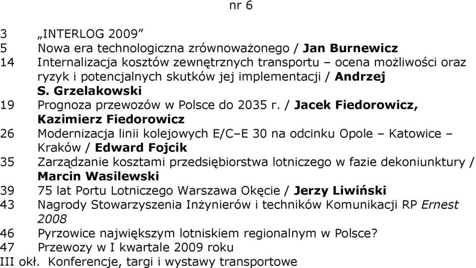 / Jacek Fiedorowicz, Kazimierz Fiedorowicz 26 Modernizacja linii kolejowych E/C E 30 na odcinku Opole Katowice Kraków / Edward Fojcik 35 Zarządzanie kosztami przedsiębiorstwa lotniczego w fazie