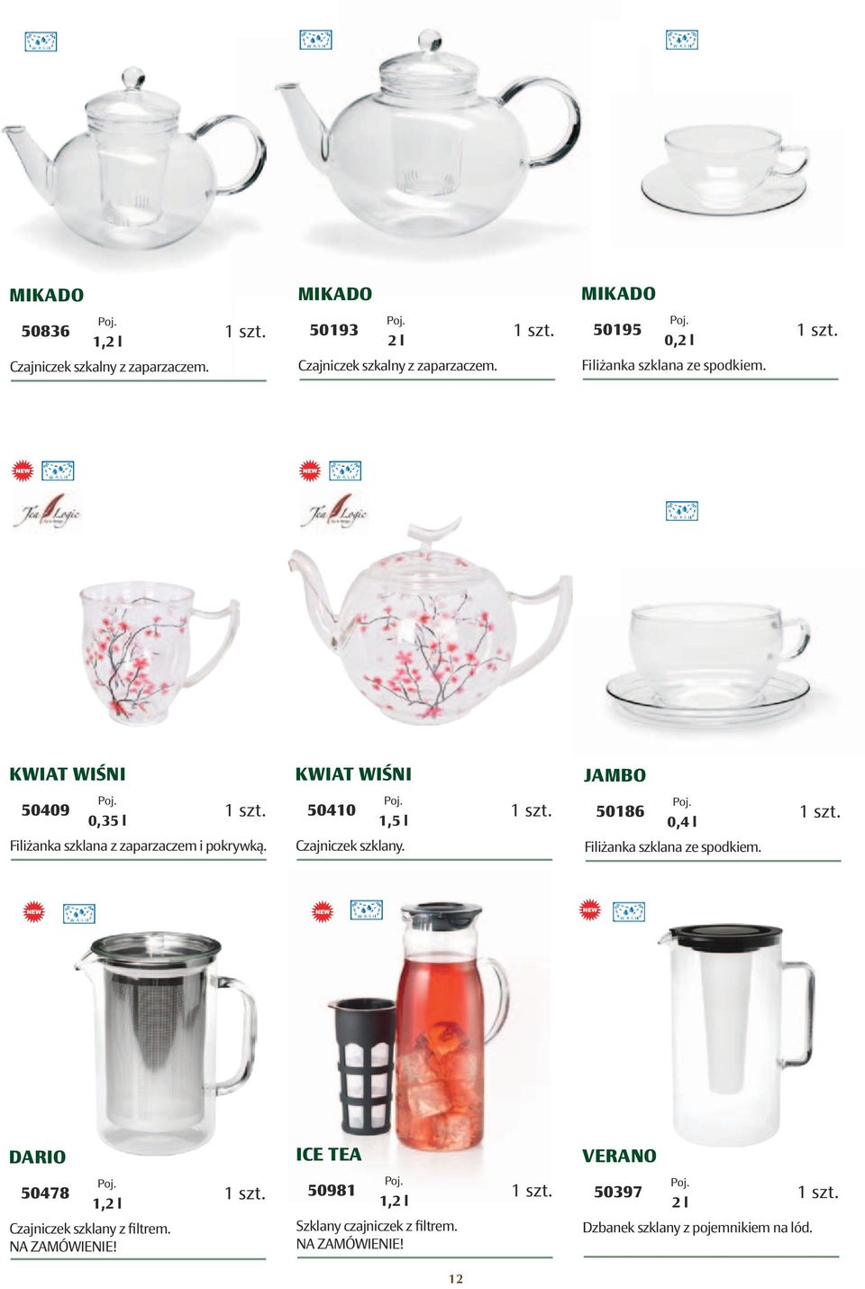 KWIAT WIŚNI 50410 1,5 l Czajniczek szklany. JAMBO 50186 0,4 l Filiżanka szklana ze spodkiem.