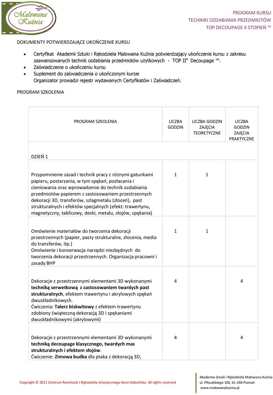 PROGRAM SZKOLENIA PROGRAM SZKOLENIA LICZBA GODZIN LICZBA GODZIN ZAJĘCIA TEORETYCZNE LICZBA GODZIN ZAJĘCIA PRAKTYCZNE DZIEŃ 1 Przypomnienie zasad i technik pracy z różnymi gatunkami papieru,