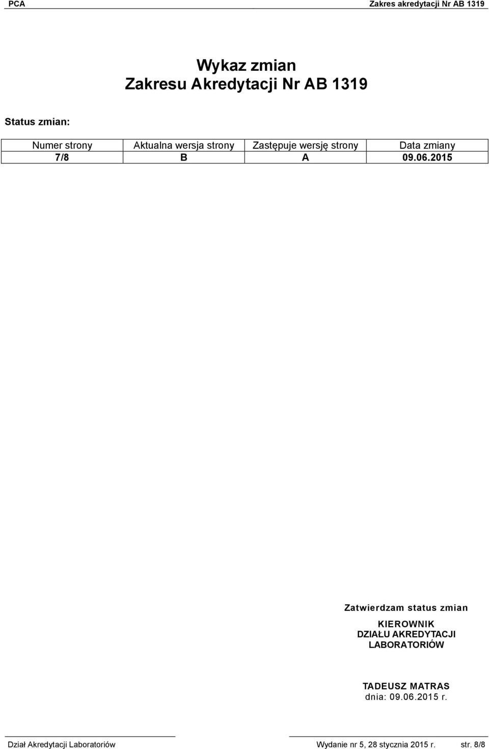 2015 Zatwierdzam status zmian KIEROWNIK DZIAŁU AKREDYTACJI LABORATORIÓW TADEUSZ