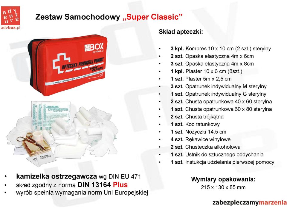 Chusta opatrunkowa 60 x 80 sterylna 1 szt. Koc ratunkowy 1 szt. Nożyczki 14,5 cm 4 szt.