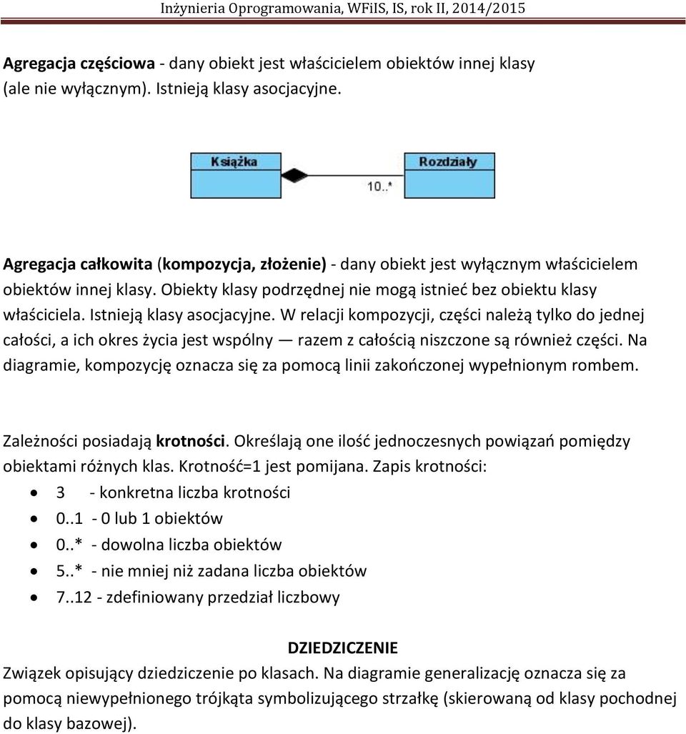 Istnieją klasy asocjacyjne. W relacji kompozycji, części należą tylko do jednej całości, a ich okres życia jest wspólny razem z całością niszczone są również części.