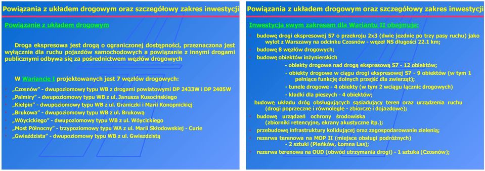 węzłów drogowych W Wariancie I projektowanych jest 7 węzłów drogowych: Czosnów - dwupoziomowy typu WB z drogami powiatowymi DP 2433W i DP 2405W Palmiry - dwupoziomowy typu WB z ul.