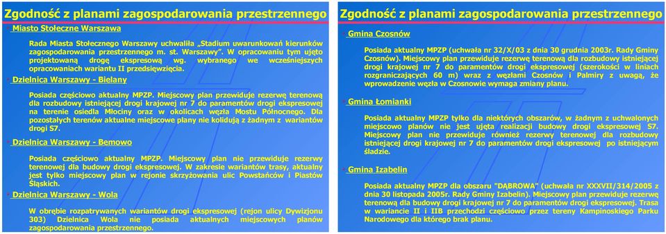 Miejscowy plan przewiduje rezerwę terenową dla rozbudowy istniejącej drogi krajowej nr 7 do paramentów drogi ekspresowej na terenie osiedla Młociny oraz w okolicach węzła Mostu Północnego.