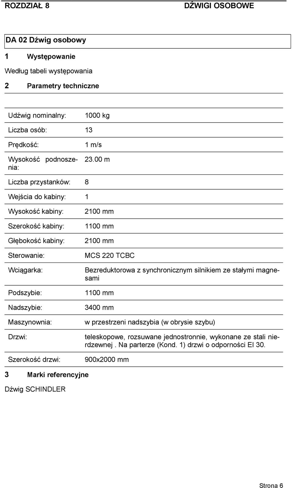 00 m Liczba przystanków: 8 Wejścia do kabiny: 1 Wysokość kabiny: Szerokość kabiny: Głębokość kabiny: Sterowanie: Wciągarka: Podszybie: Nadszybie: Maszynownia: