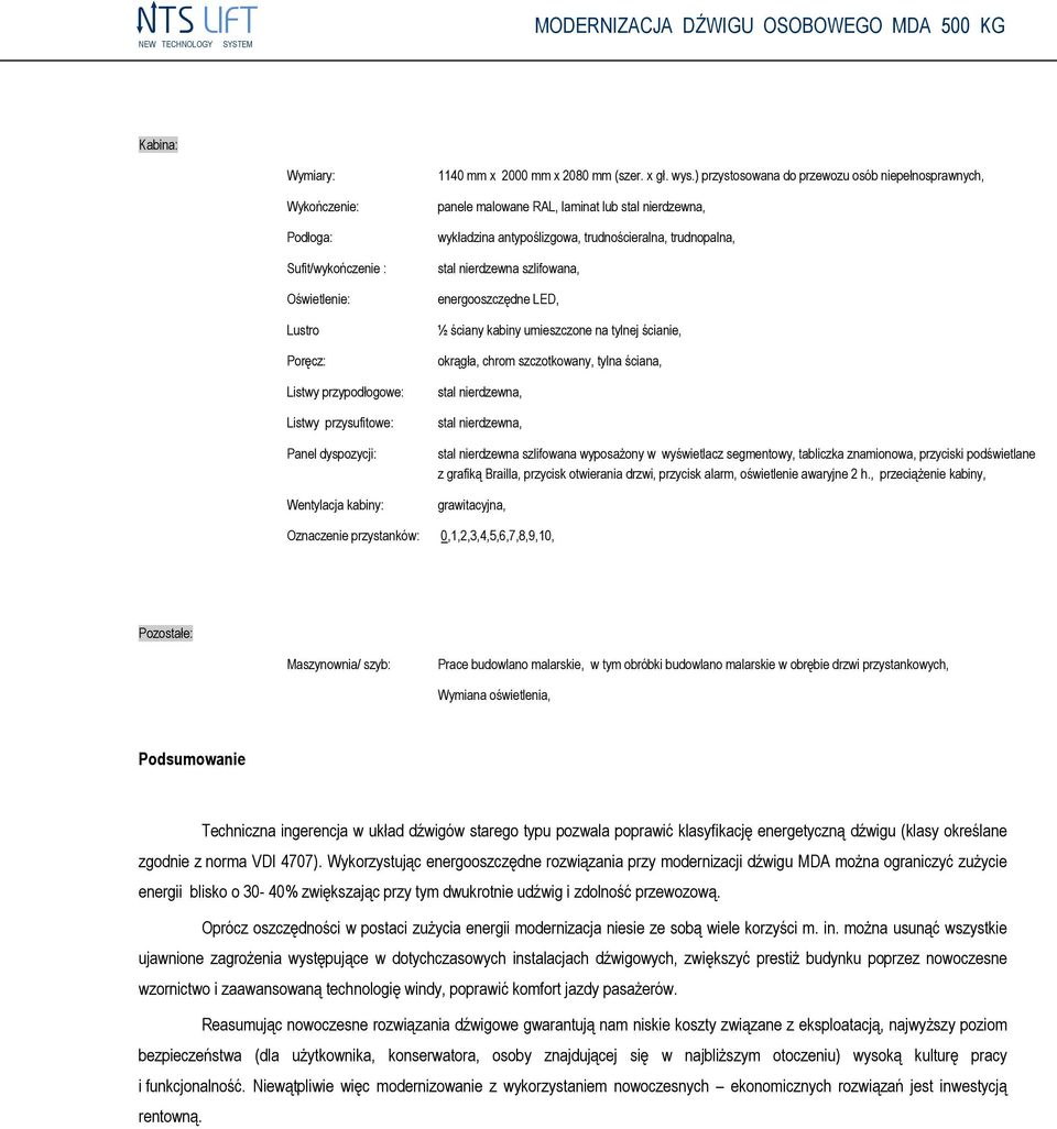 ) przystosowana do przewozu osób niepełnosprawnych, panele malowane RAL, laminat lub stal nierdzewna, wykładzina antypoślizgowa, trudnościeralna, trudnopalna, stal nierdzewna szlifowana,