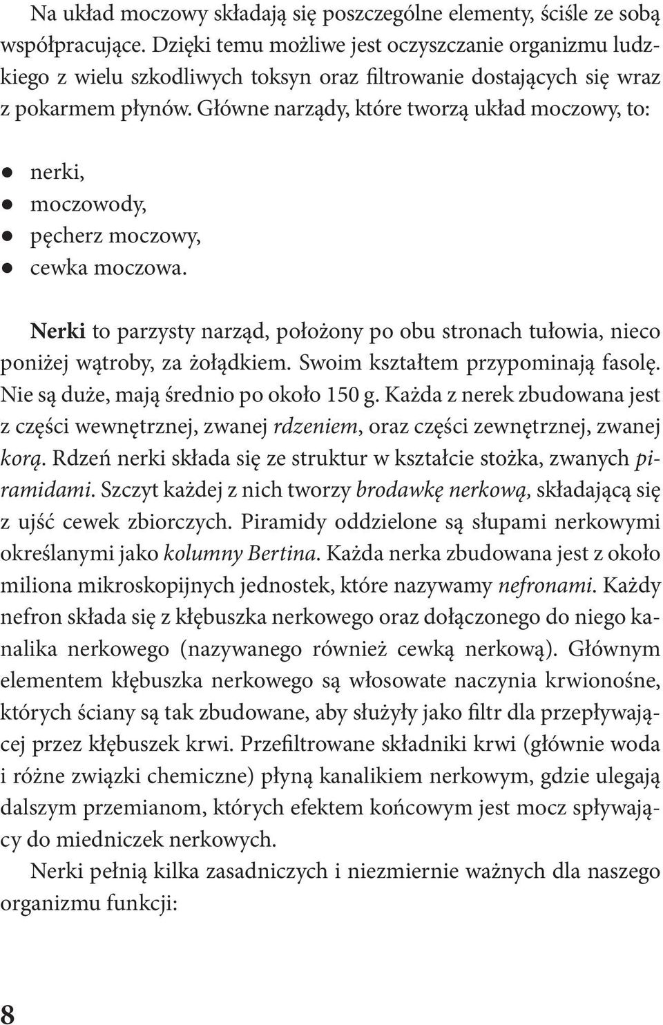 Główne narządy, które tworzą układ moczowy, to: nerki, moczowody, pęcherz moczowy, cewka moczowa. Nerki to parzysty narząd, położony po obu stronach tułowia, nieco poniżej wątroby, za żołądkiem.