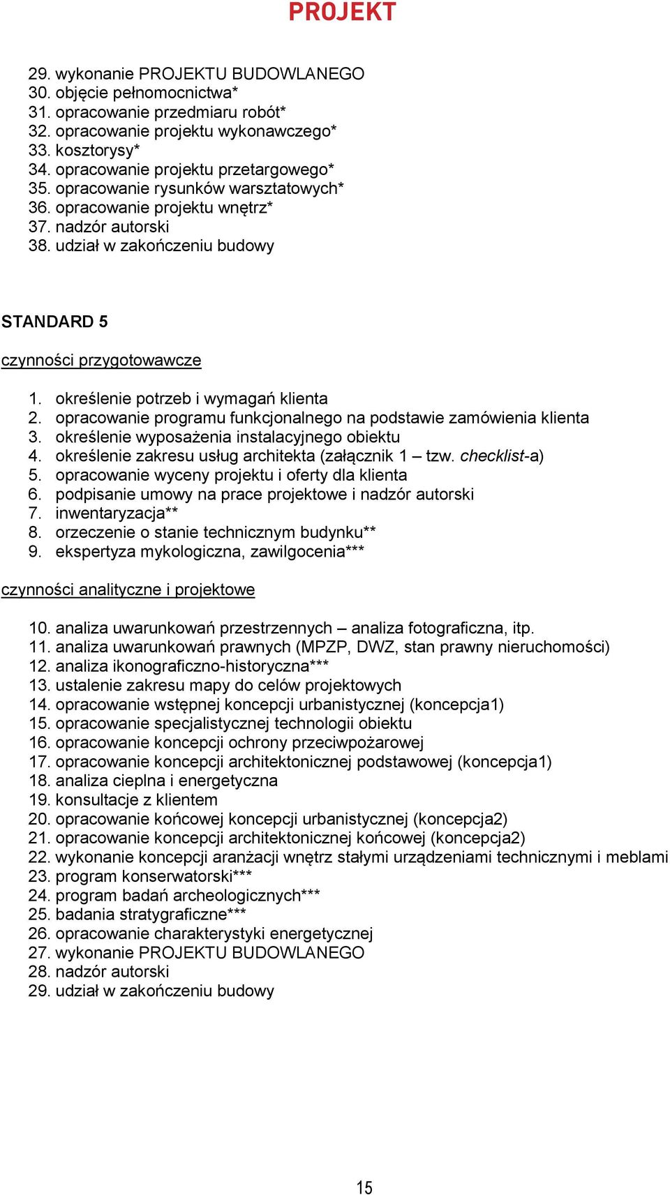 opracowanie programu funkcjonalnego na podstawie zamówienia klienta. określenie wyposażenia instalacyjnego obiektu. określenie zakresu usług architekta (załącznik 1 tzw. checklist-a) 5.
