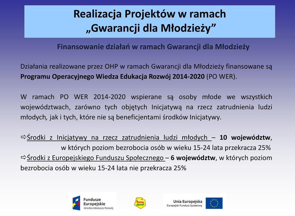 W ramach PO WER 2014-2020 wspierane są osoby młode we wszystkich województwach, zarówno tych objętych Inicjatywą na rzecz zatrudnienia ludzi młodych, jak i tych, które