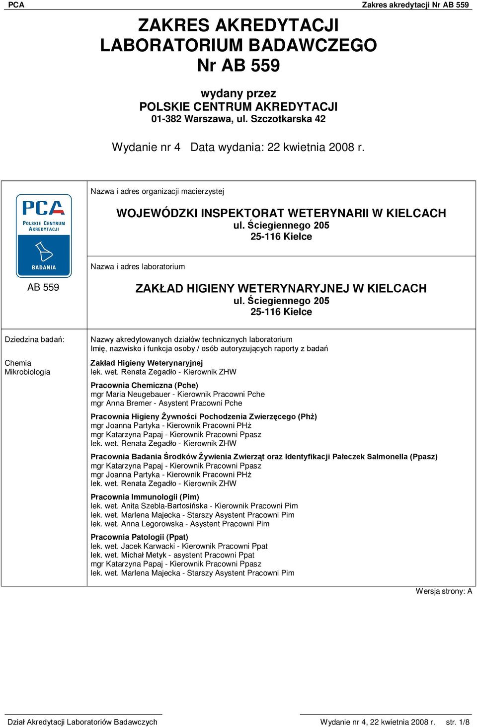 Ściegiennego 205 25-116 Kielce Dziedzina badań: Chemia Mikrobiologia Nazwy akredytowanych działów technicznych laboratorium Imię, nazwisko i funkcja osoby / osób autoryzujących raporty z badań Zakład